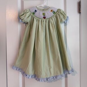Royal Child Girls Smocked Embroidered Seersucker Dress Green White Flowers 12 Mo